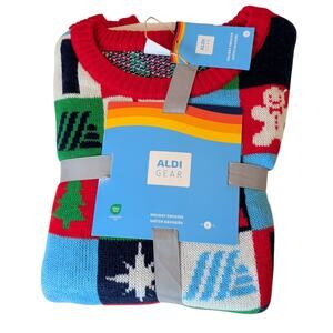 NWT Aldi Gear Men's Sz L Christmas Sweater Patchwork Crewneck Pullover 2024
